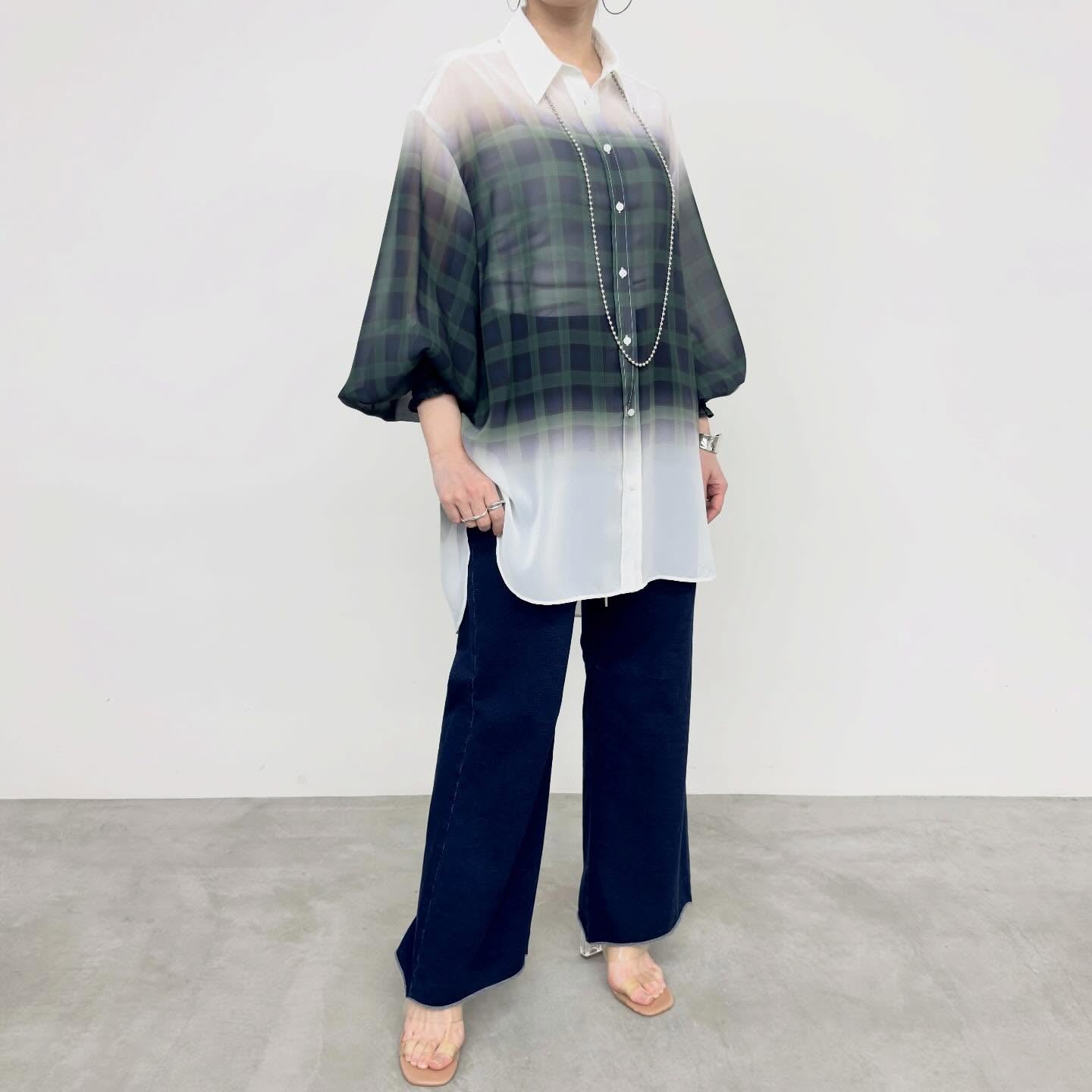 【NUS】シアーグラデーションチェック袖シャーリングシャツ/652-35500