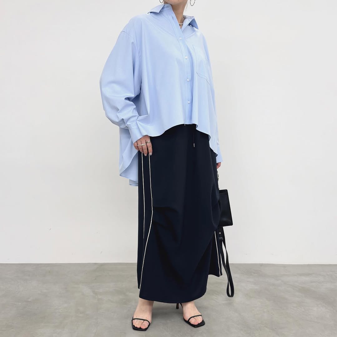 【NUS】無地ブロード/ロンドンストライプバックロゴプリントフレアシャツ/612-35007