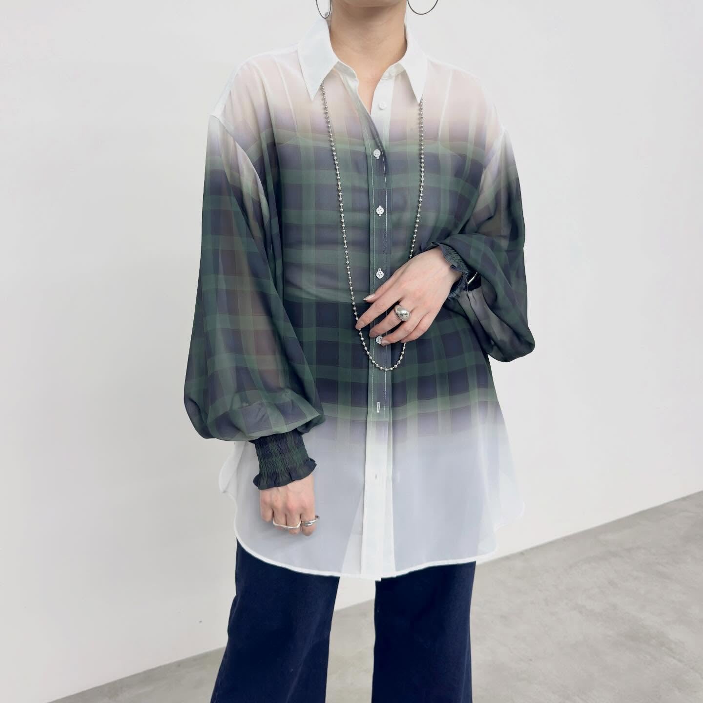 【NUS】シアーグラデーションチェック袖シャーリングシャツ/652-35500