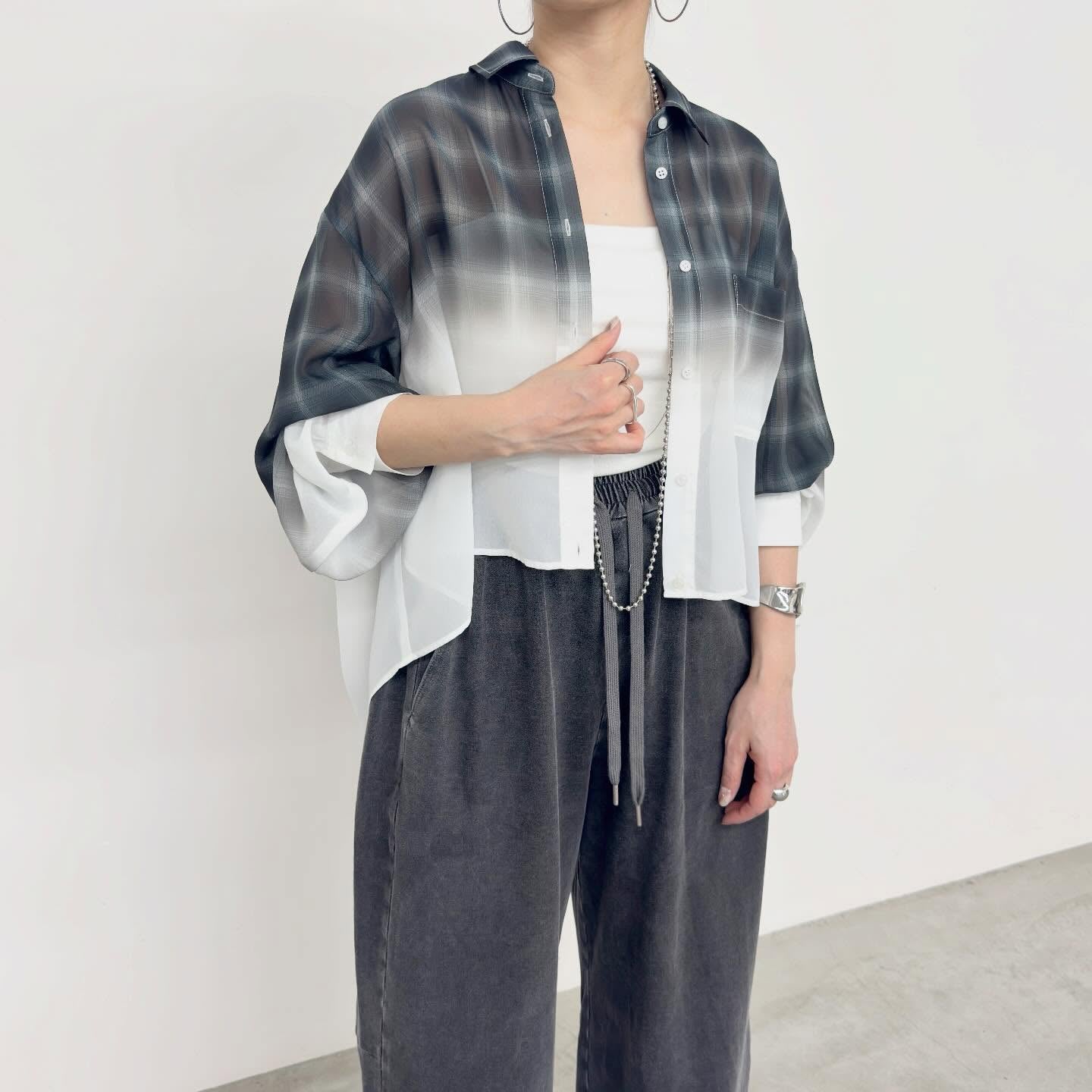 【NUS】シアーグラデーションチェックショートフレアシャツ/652-35501