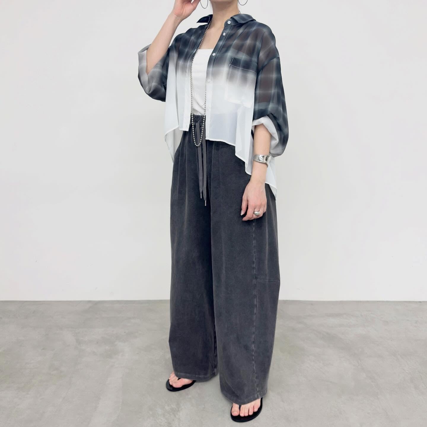 【NUS】シアーグラデーションチェックショートフレアシャツ/652-35501