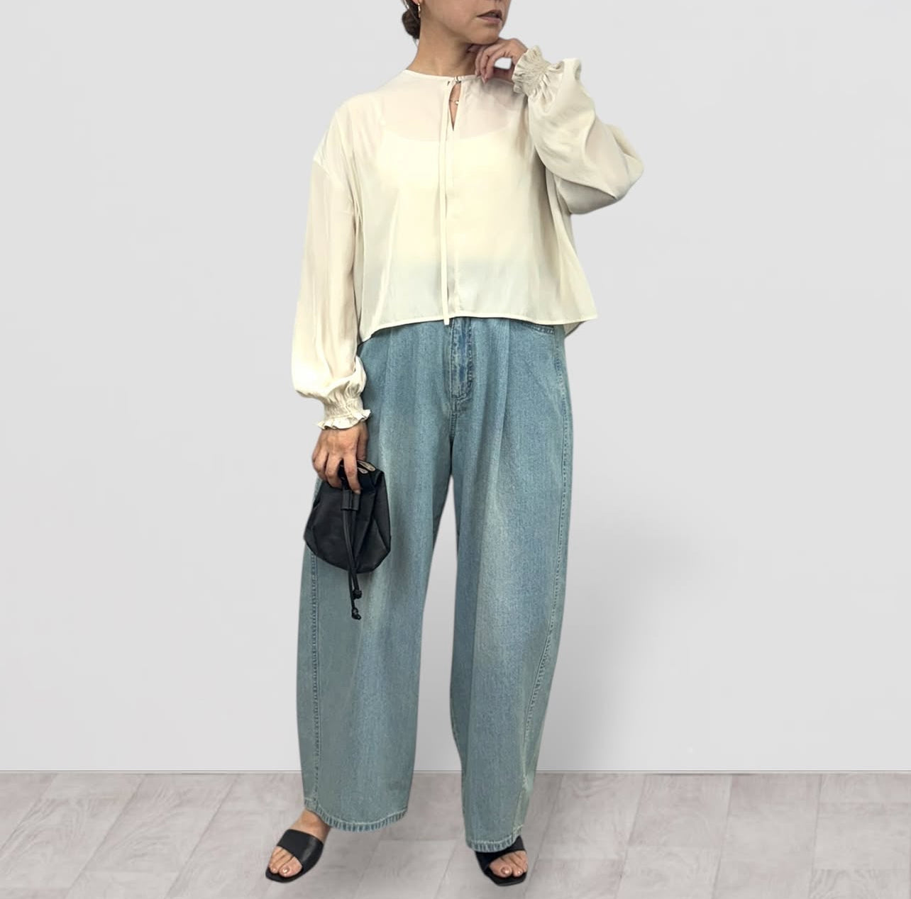 【QTUME】8onzデニムワイドバレルレッグパンツ/612-26000