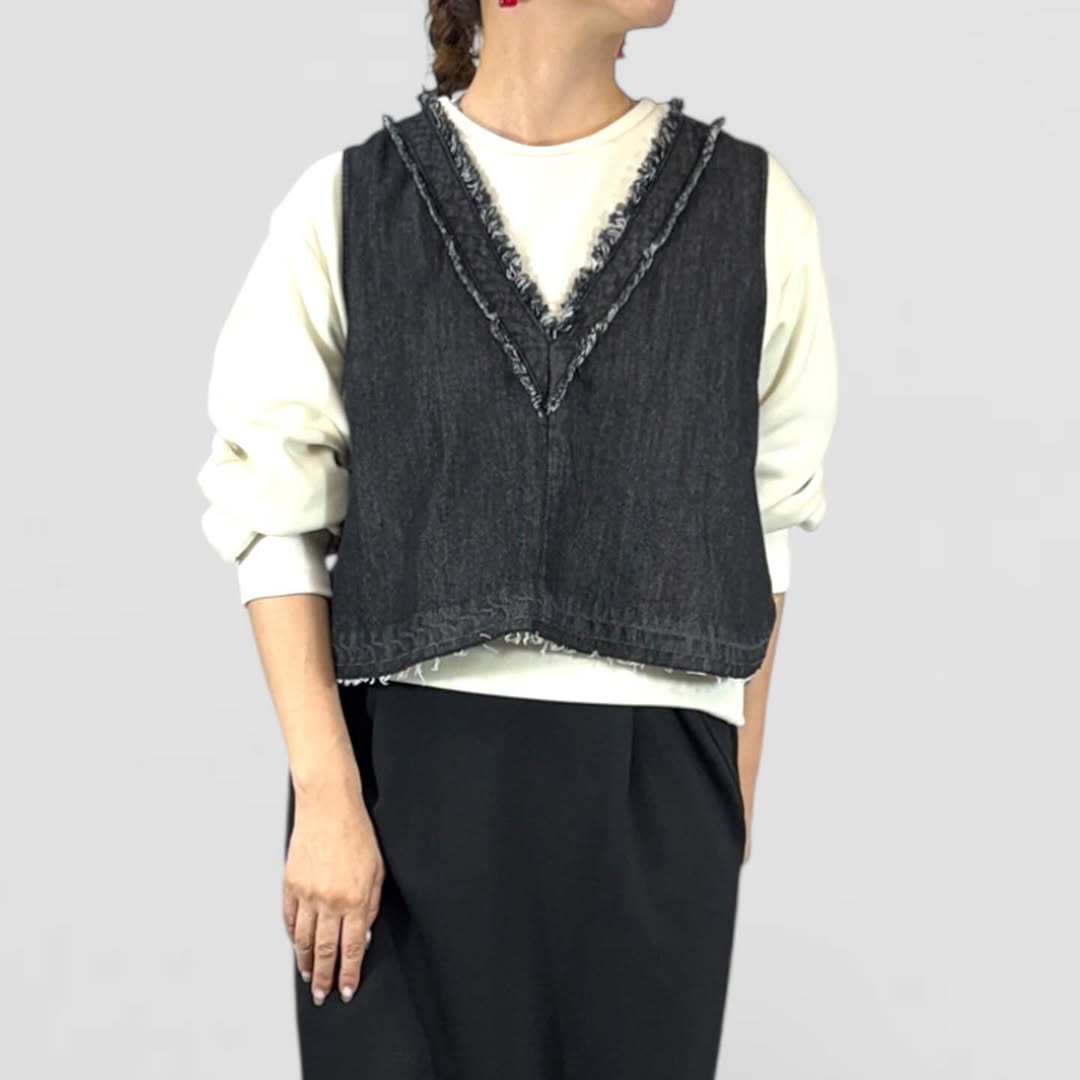 【QTUME】8onzデニムフリンジVネックベスト/552-25665
