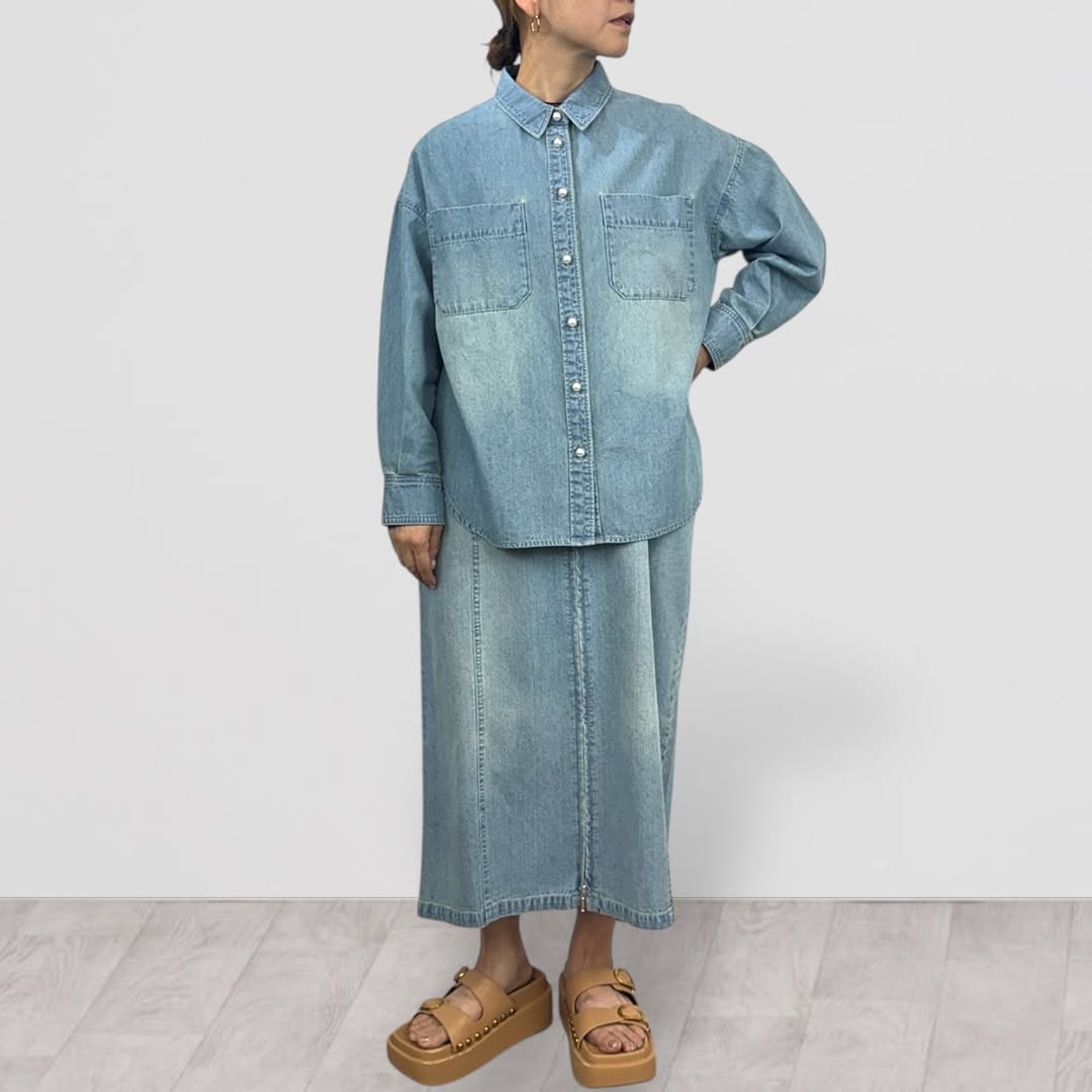 【QTUME】6.5ONZデニムパール釦シャツ/612-25005