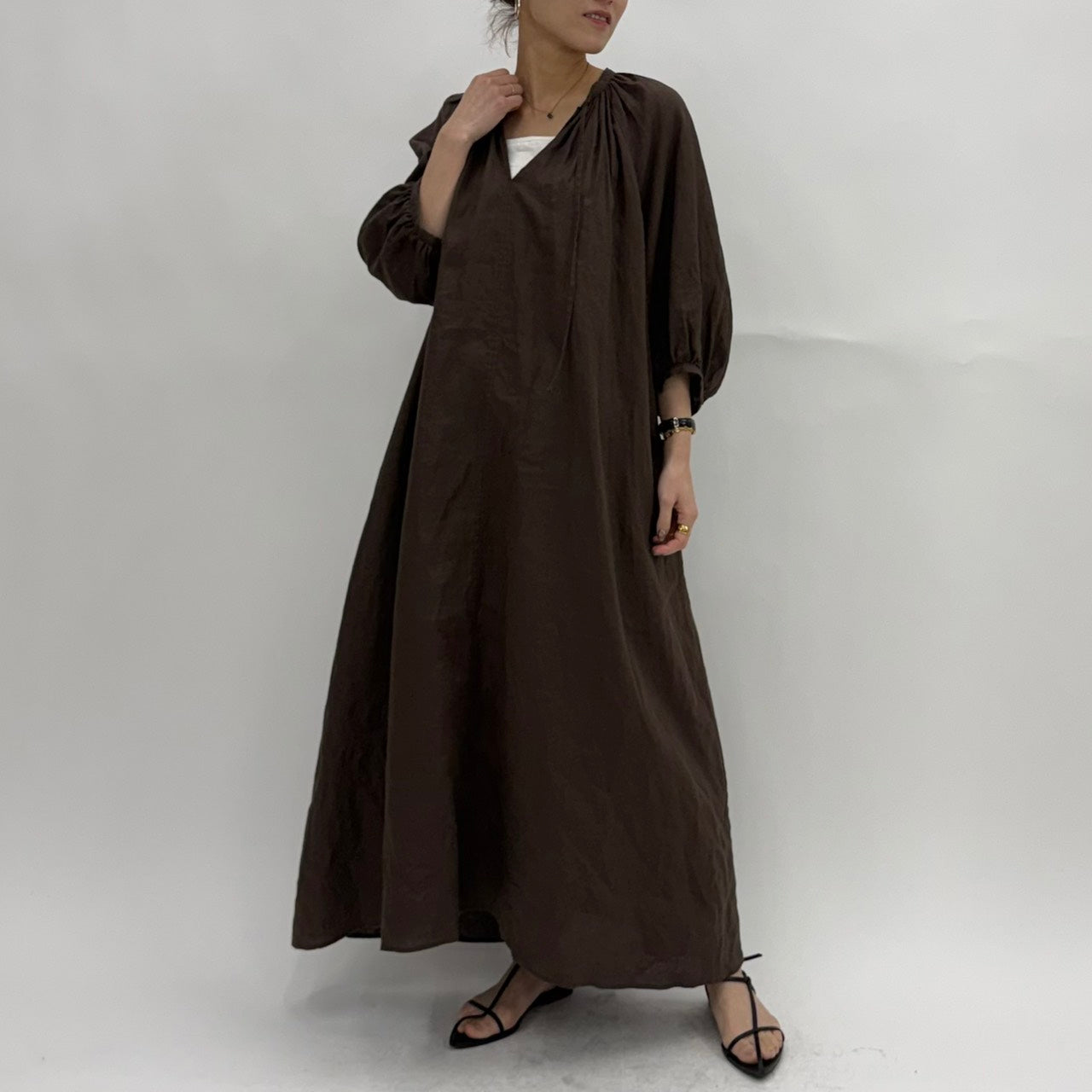 【cafune】フレンチリネンギャザーワンピース/25101