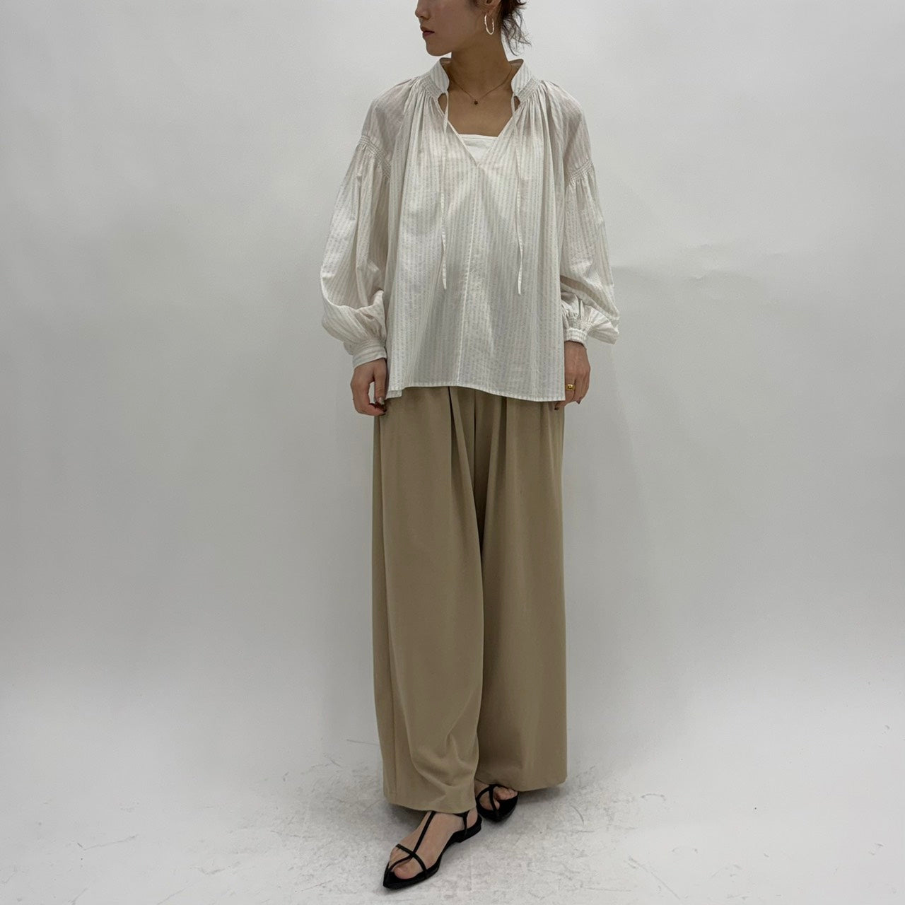 【cafune】ラメストライプギャザーブラウス/25911