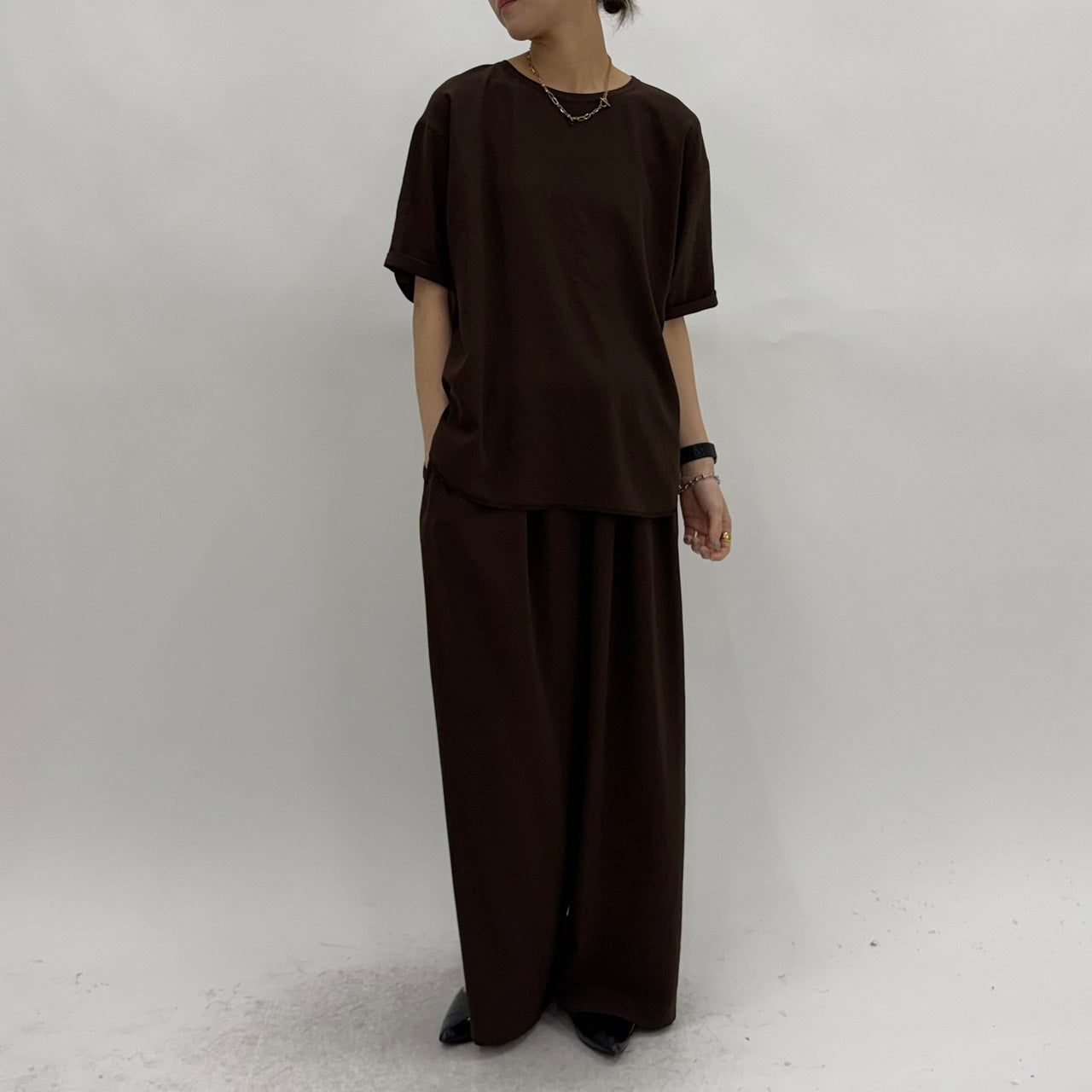 【cafune】マットストレッチジョーゼットハーフスリーブT/35902