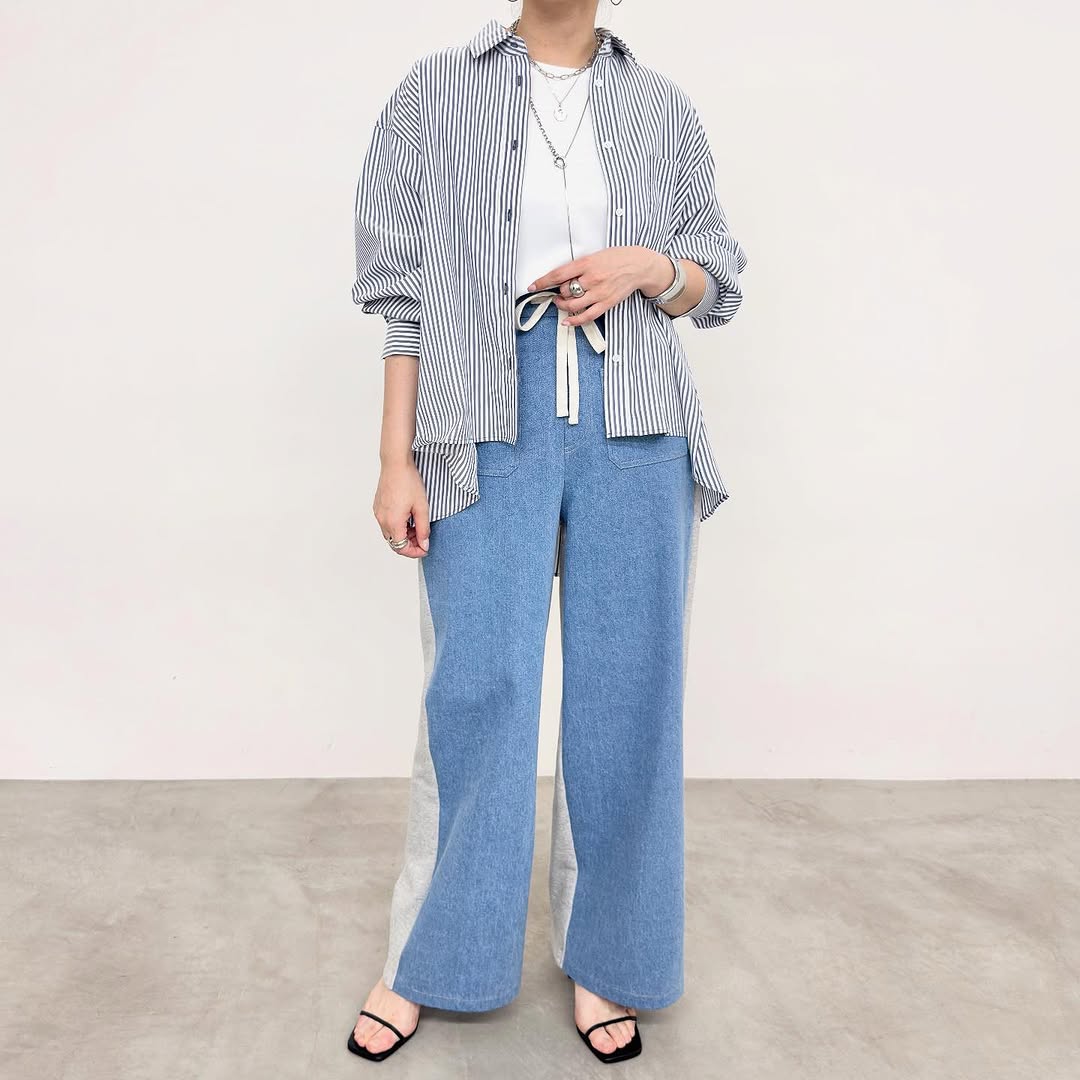 【NUS】無地ブロード/ロンドンストライプバックロゴプリントフレアシャツ/612-35007