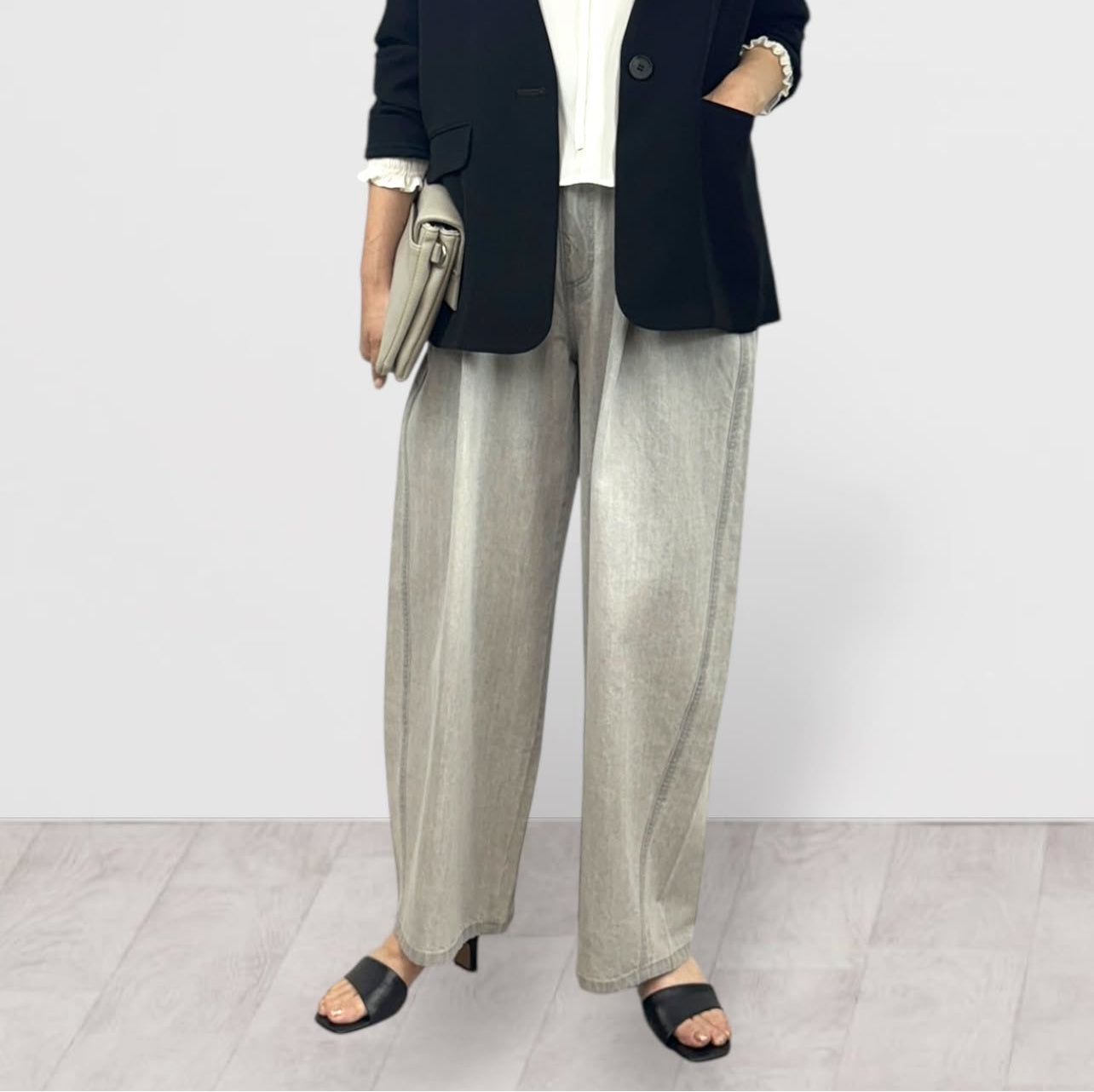 【QTUME】8onzデニムワイドバレルレッグパンツ/612-26000