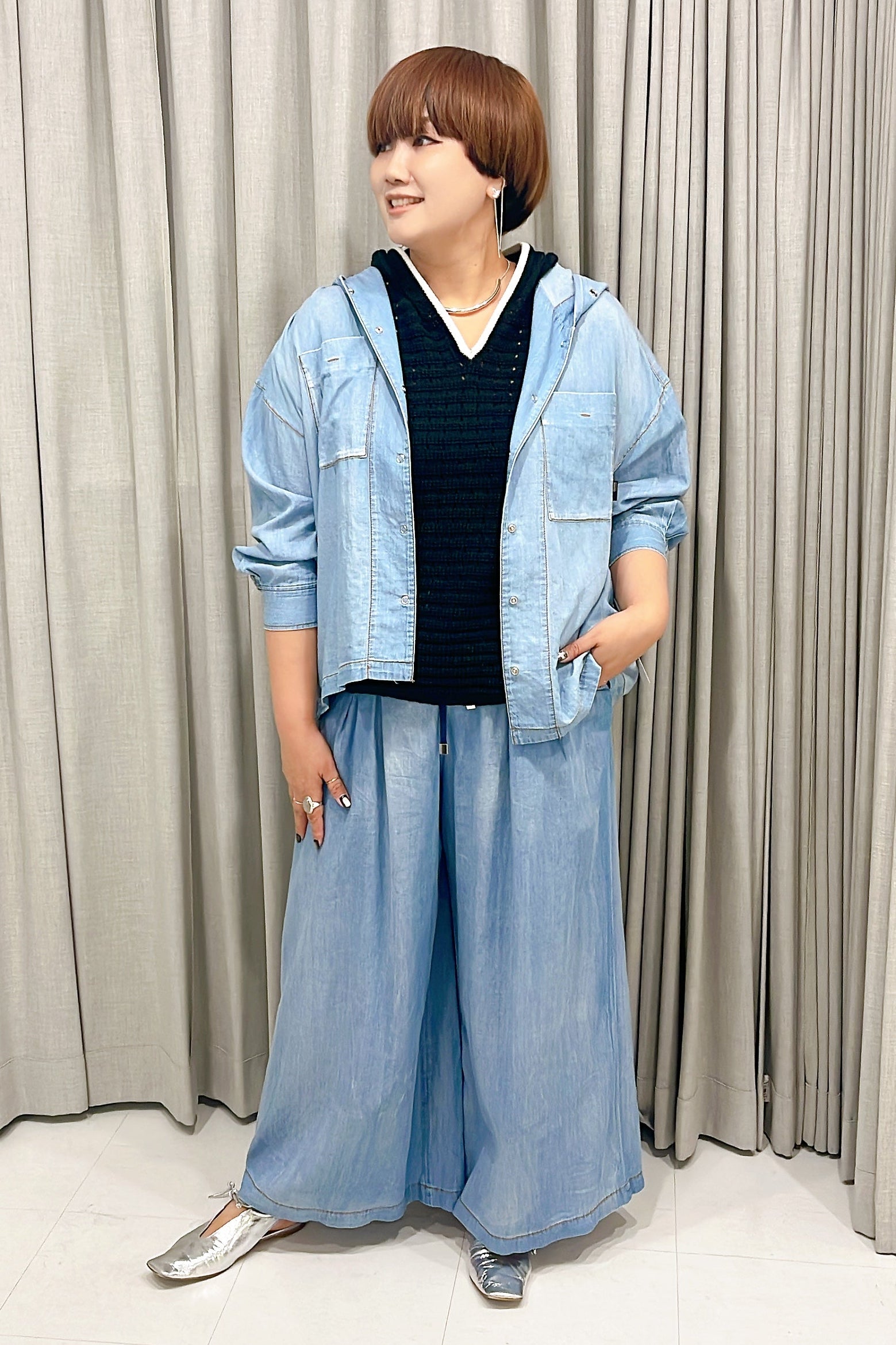 goa ワイドパンツ 亜熱帯 mp12773-Accordion Jacquard Denim Wide Straight Pants ワイド