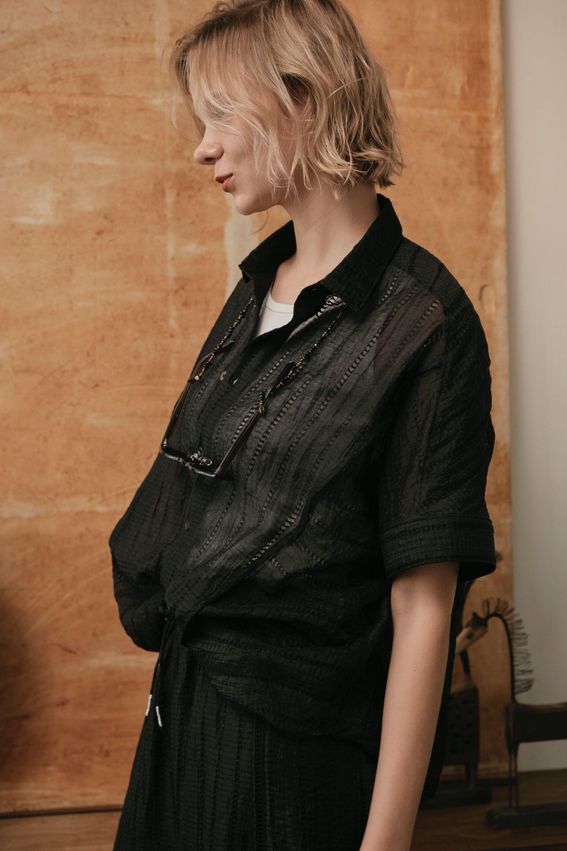 【LE MÉLANGE】テンセルリネンレースストライプシャツ/8623207