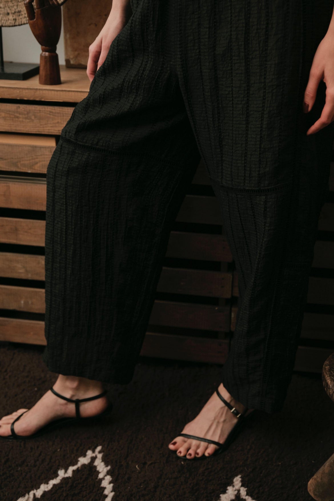 【LE MÉLANGE】テンセルリネンレースストライプバレルパンツ/8623510