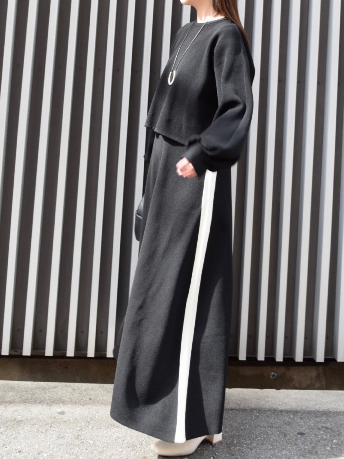 【ROSIEE】脇配色ラインレイヤード風ニットワンピース/R781219