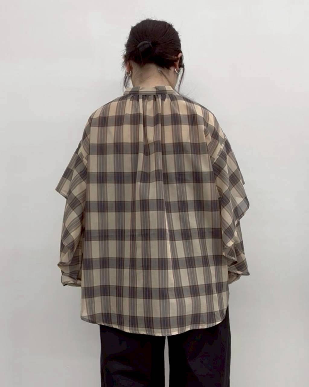 【CLOCHE】袖フリルシアーチェックシャツ/610-85038