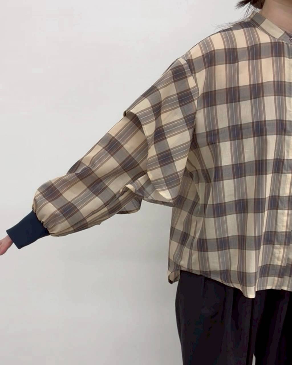 【CLOCHE】袖フリルシアーチェックシャツ/610-85038