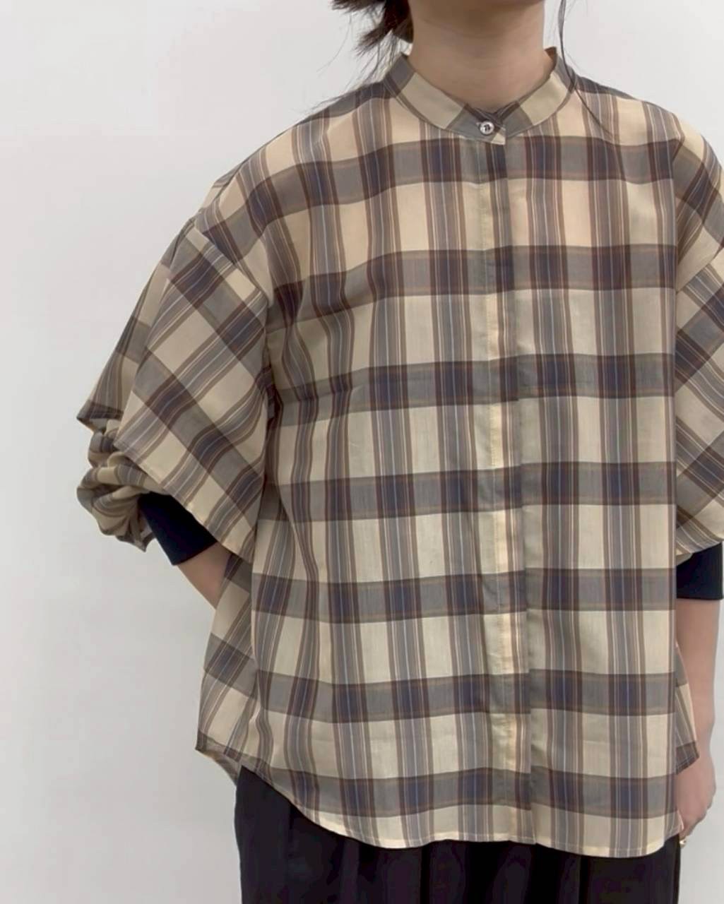 【CLOCHE】袖フリルシアーチェックシャツ/610-85038