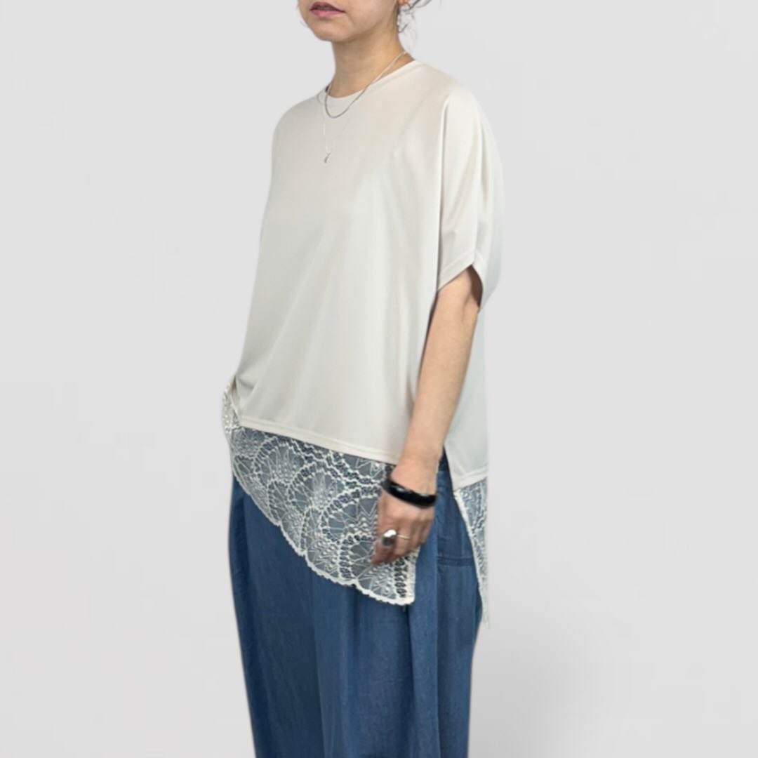 【QTUME】エメラルドフロウジョン×リバーレースコンビアシメヘムトップス/652-25529 650-65529