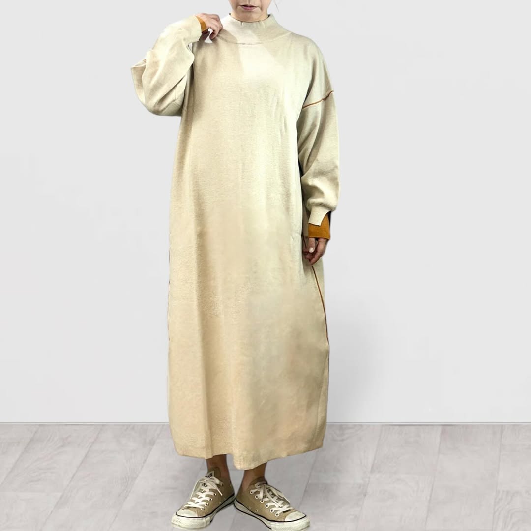 【QTUME】バイカラーモックネックニットドレス/552-21510