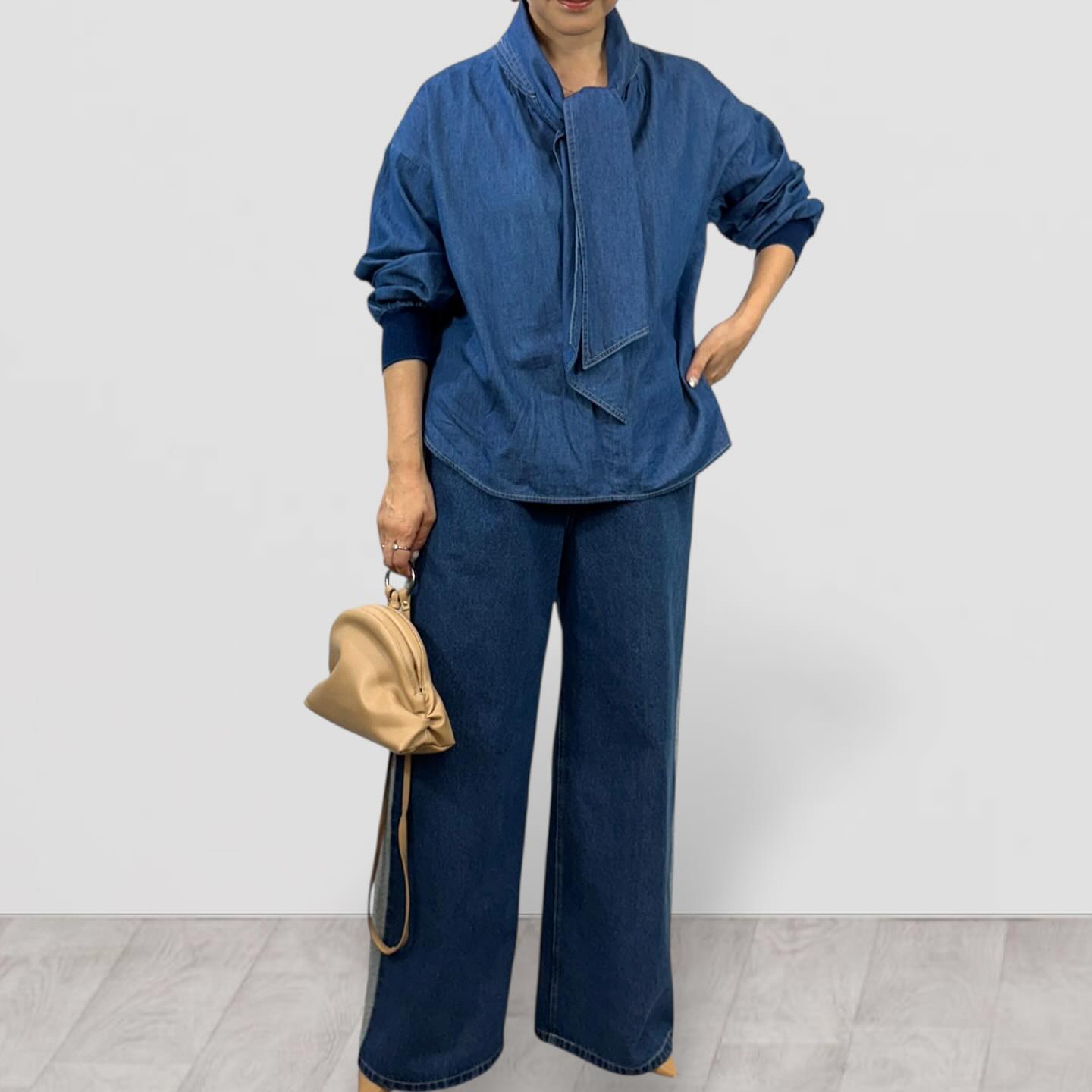 【QTUME】4.5ONZデニムボウタイブラウス/612-25018