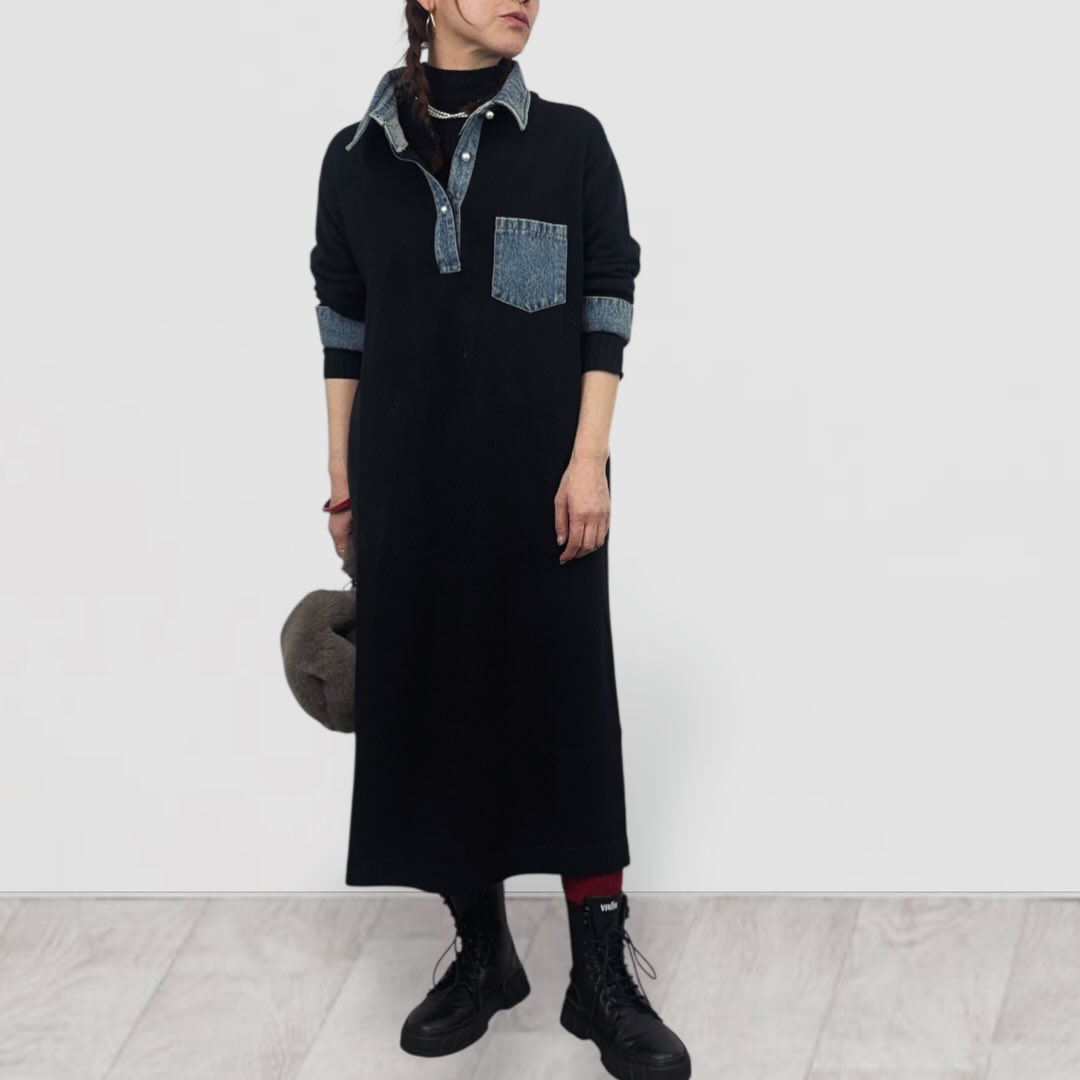 【QTUME】もちもちニット×デニムシャツワンピース/652-21501