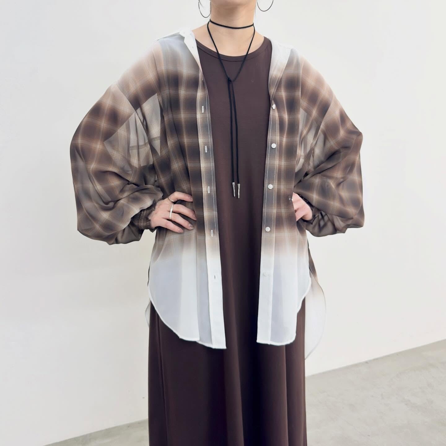 【NUS】シアーグラデーションチェック袖シャーリングシャツ/652-35500