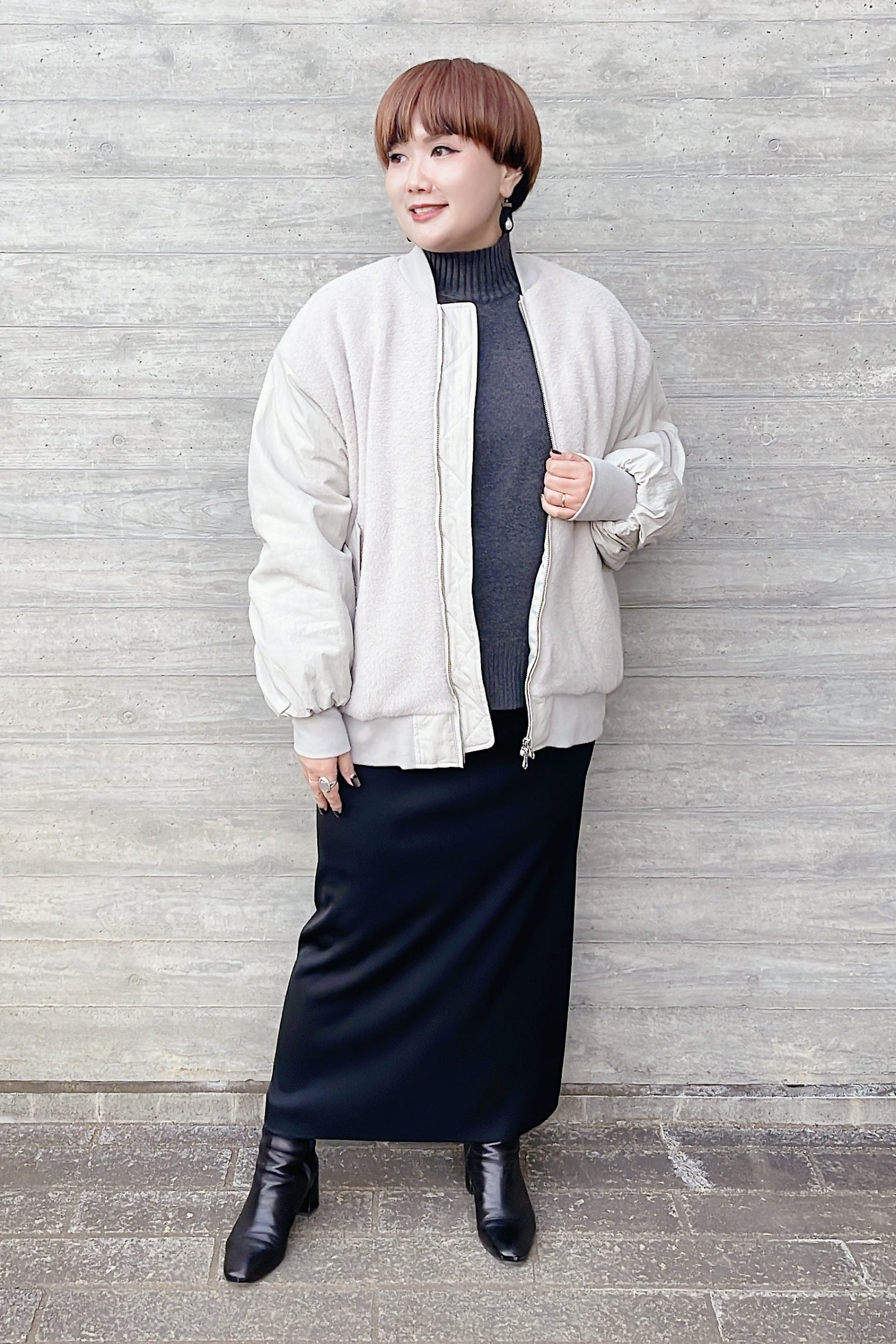 HERENCIA冬アウター〈異素材ボアMA-1 グレー〉