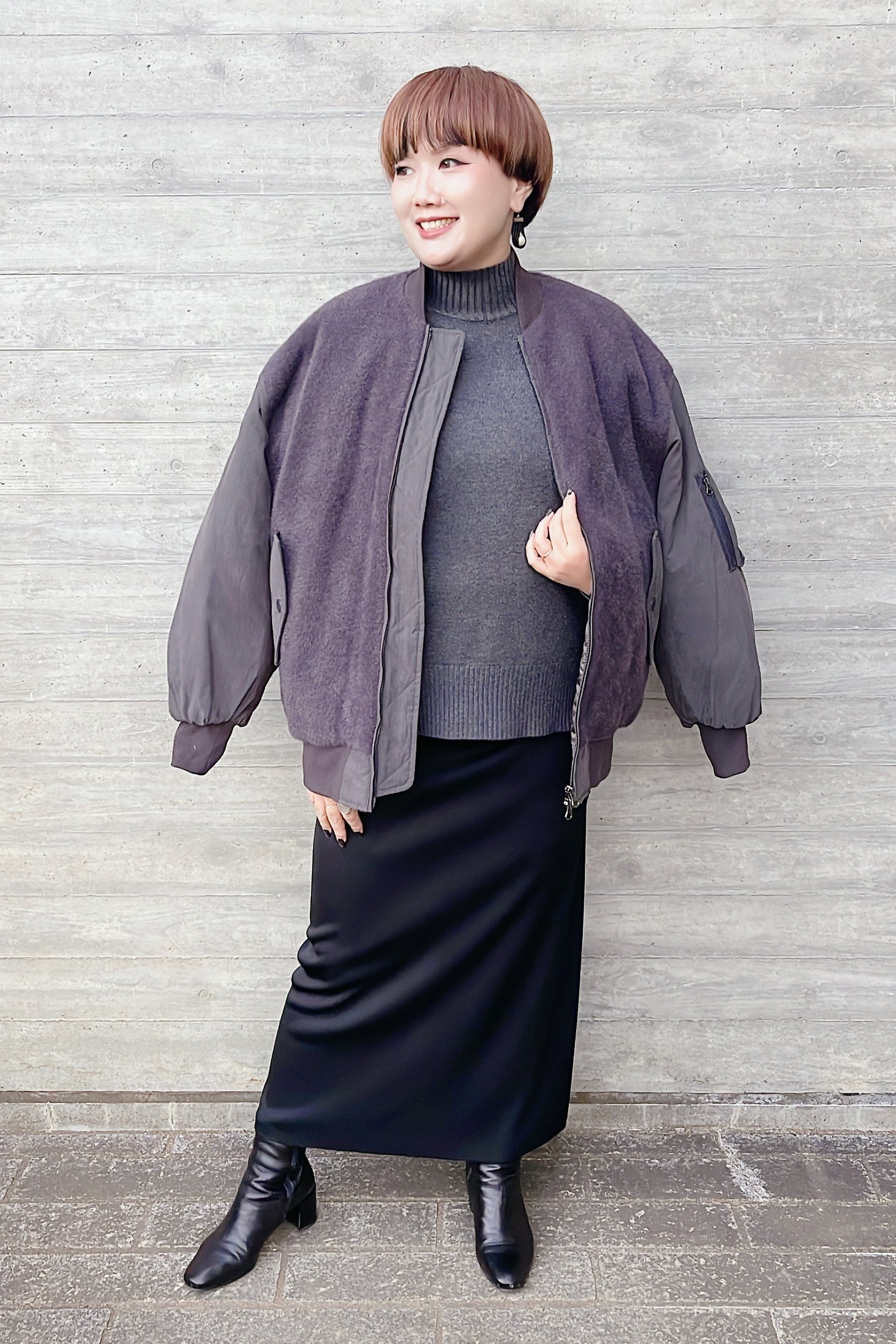 HERENCIA冬アウター〈異素材ボアMA-1 チャコールグレー〉