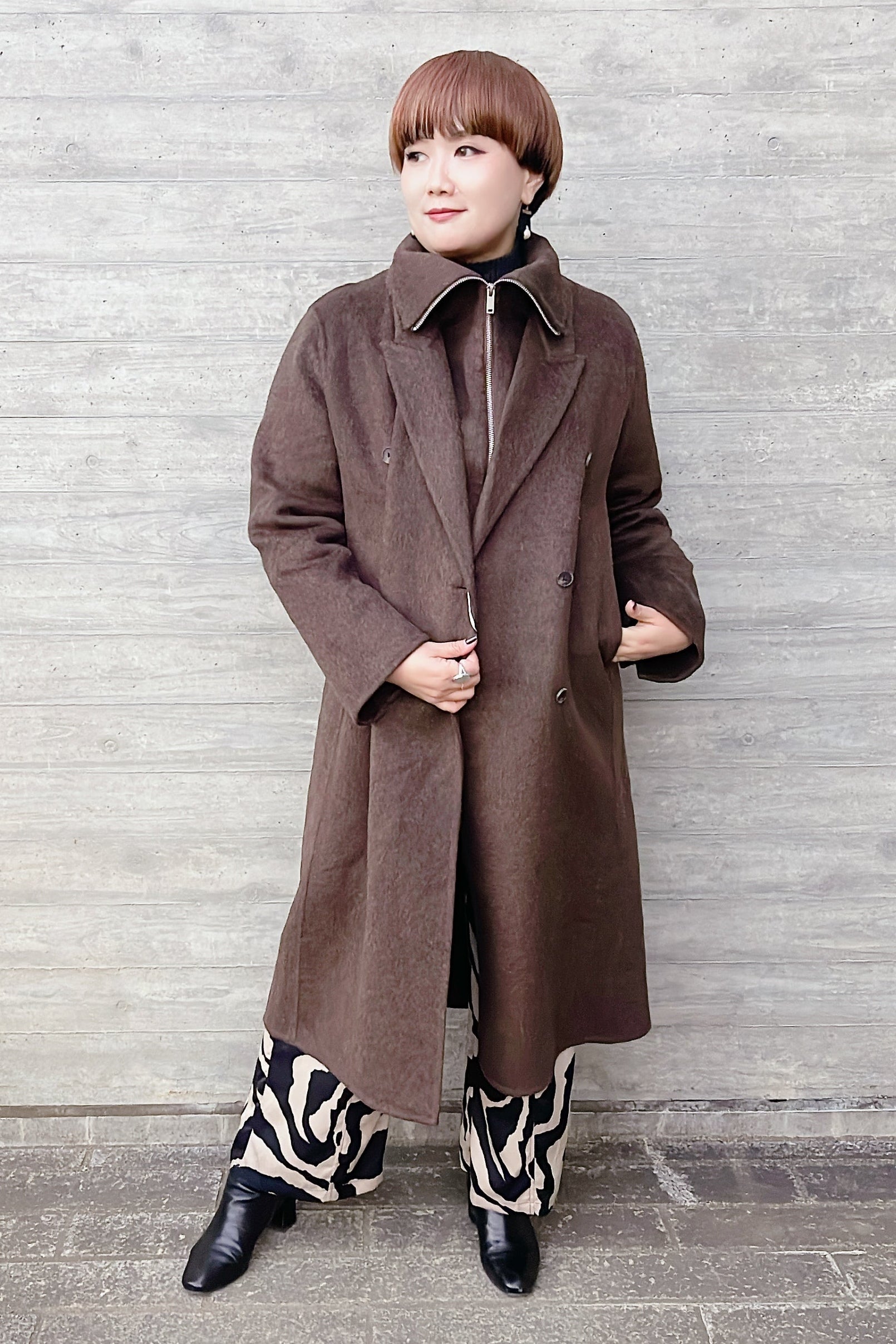 HERENCIA冬アウター〈ZIPデザインダブルウールロングコート ブラウン〉