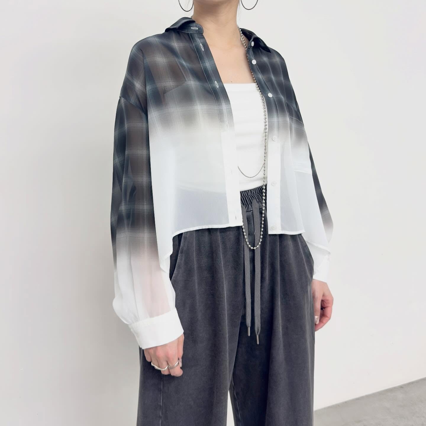 【NUS】シアーグラデーションチェックショートフレアシャツ/652-35501