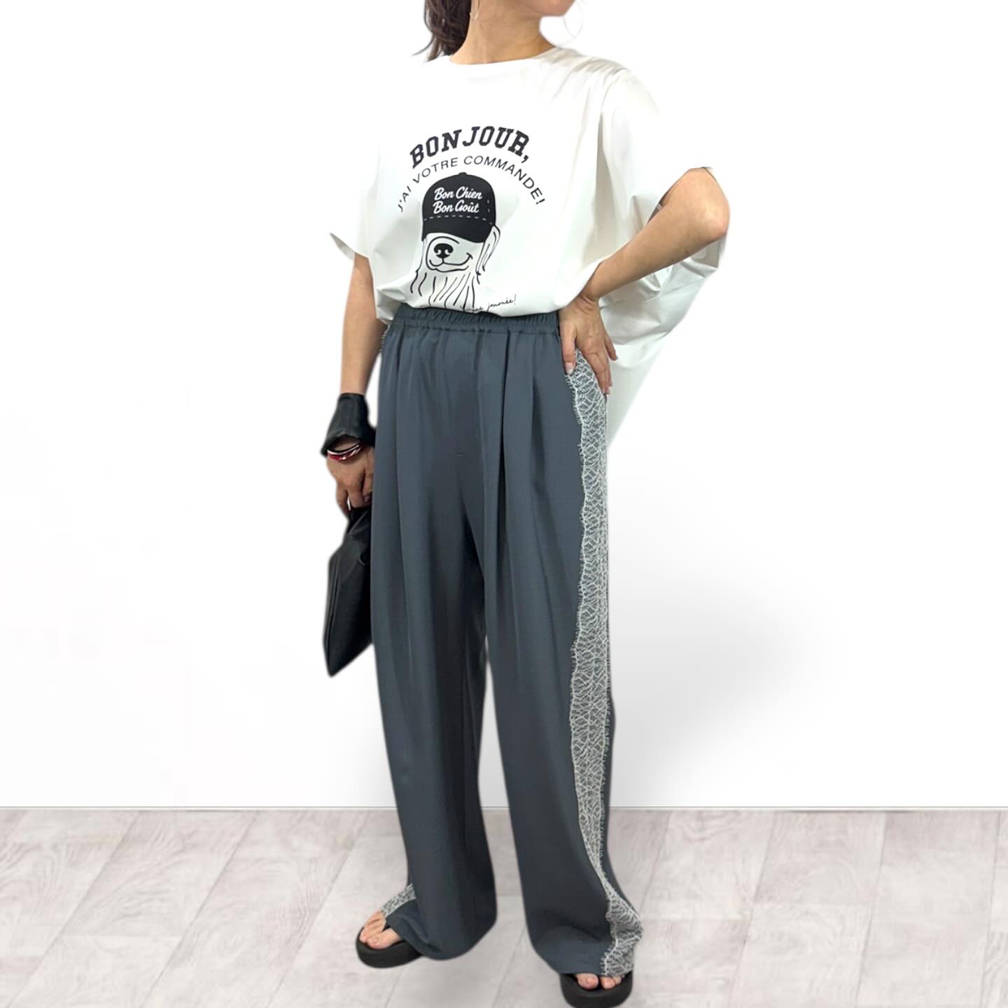【再入荷予約】【QTUME】サマートロ×リバーレースラインタックパンツ/612-26073