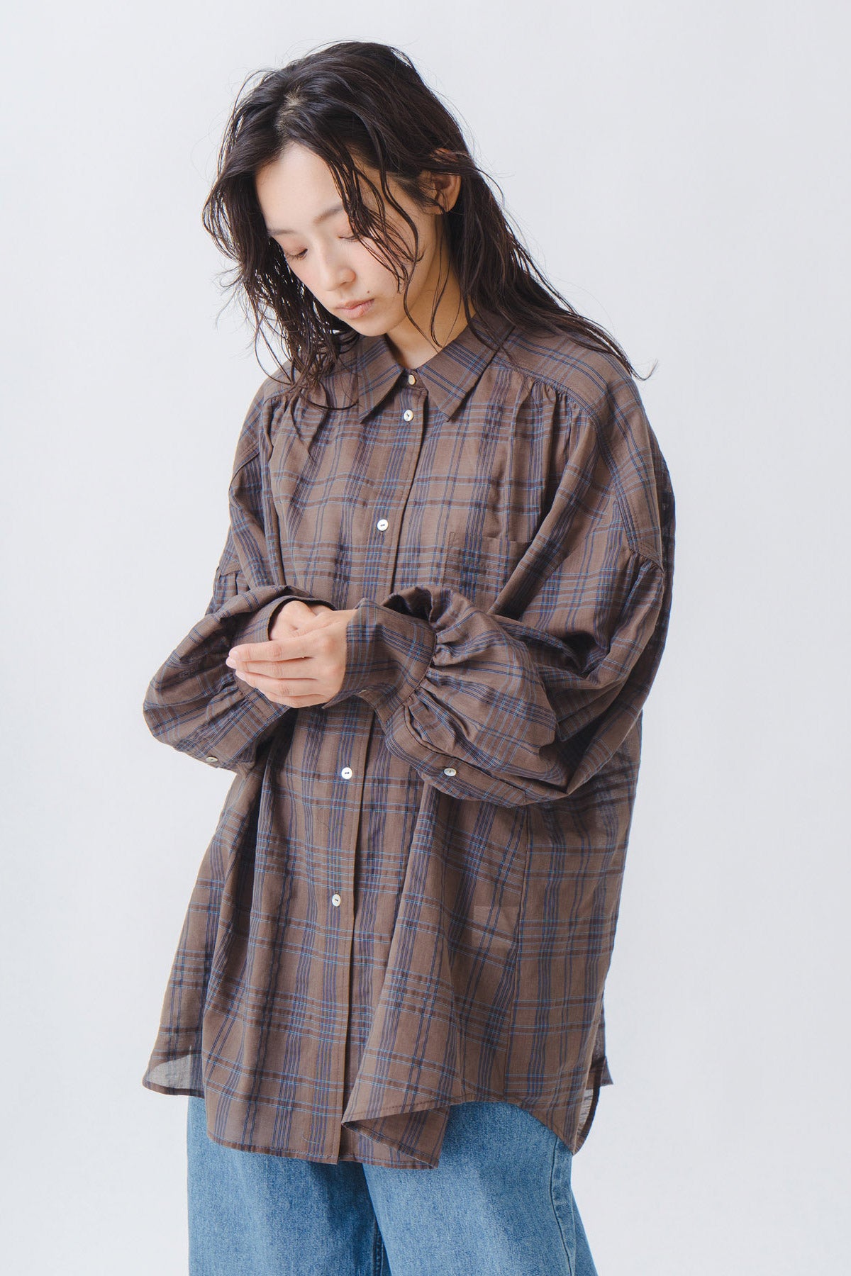 【WHYTO.】シアーチェックボリュームブラウス/WHT27HBL4120