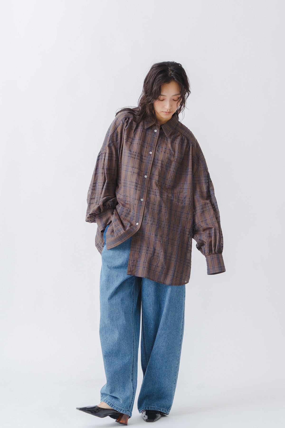 【WHYTO.】シアーチェックボリュームブラウス/WHT27HBL4120