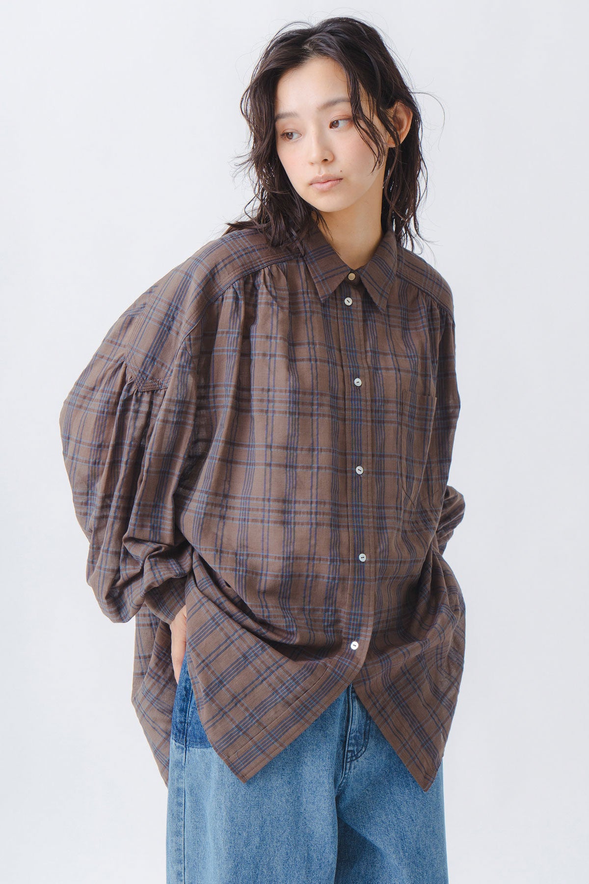 【WHYTO.】シアーチェックボリュームブラウス/WHT27HBL4120