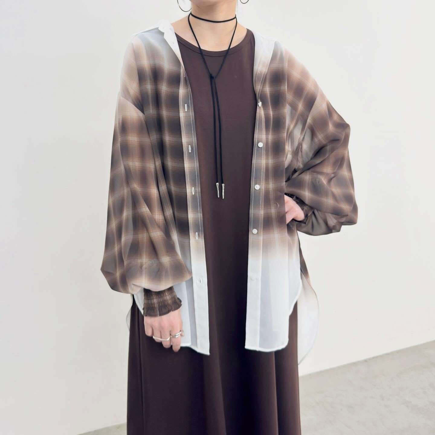 【NUS】シアーグラデーションチェック袖シャーリングシャツ/652-35500