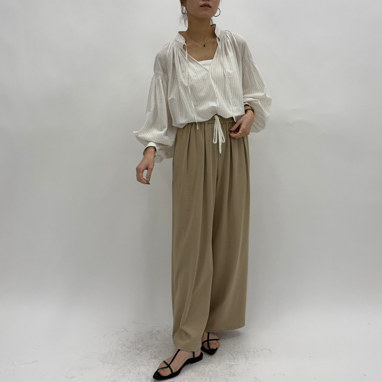 【cafune】ラメストライプギャザーブラウス/25911