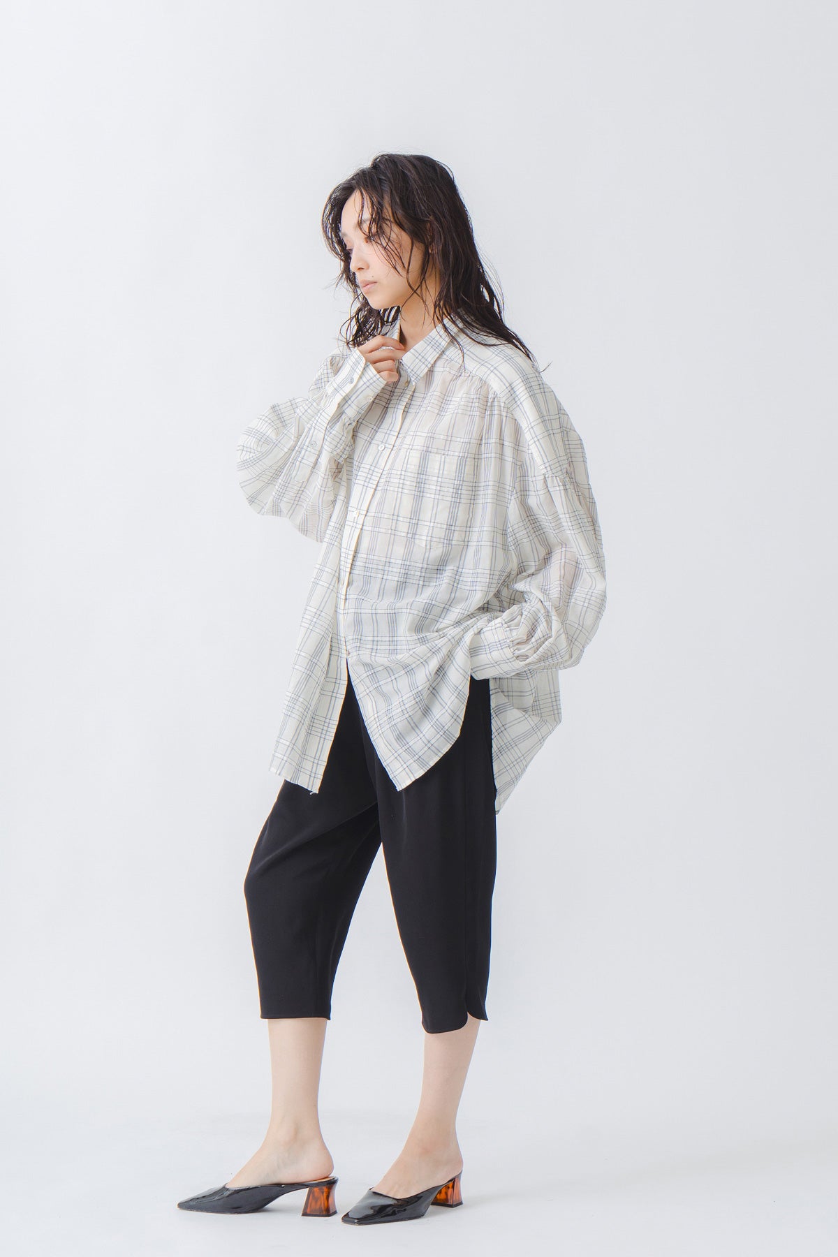 【WHYTO.】シアーチェックボリュームブラウス/WHT27HBL4120