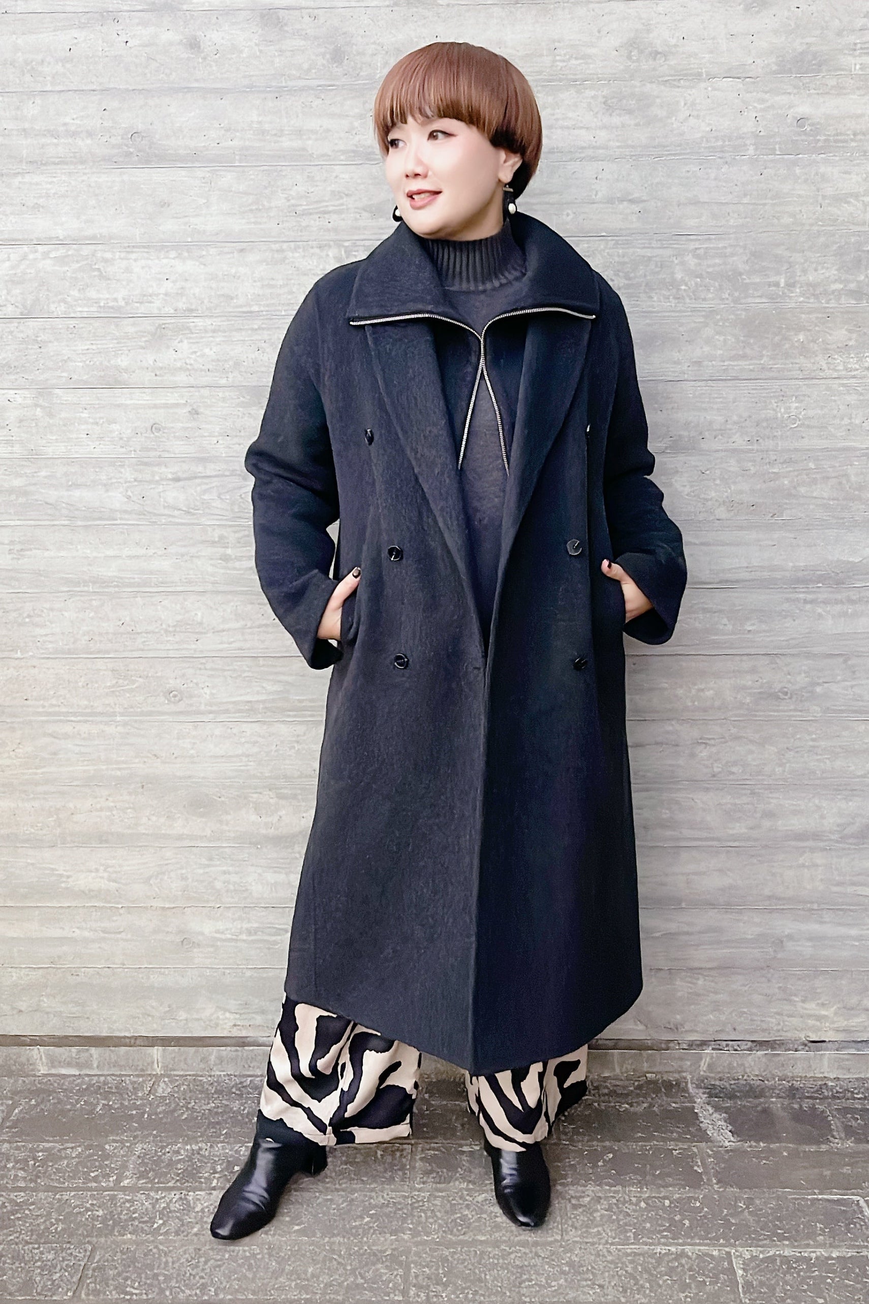 【HERENCIA】ZIPデザインダブルウールロングコート/H125309