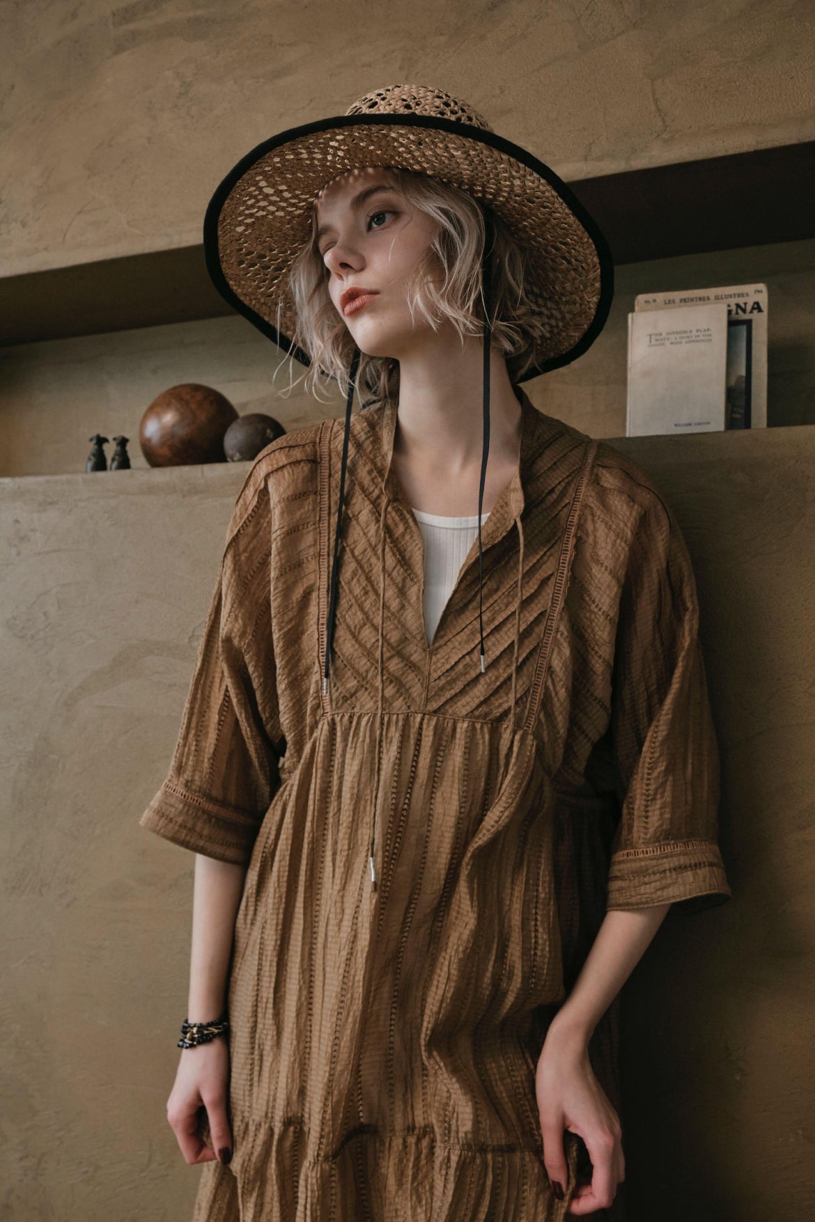 【LE MÉLANGE】テンセルリネンレースストライプワンピース/8623603