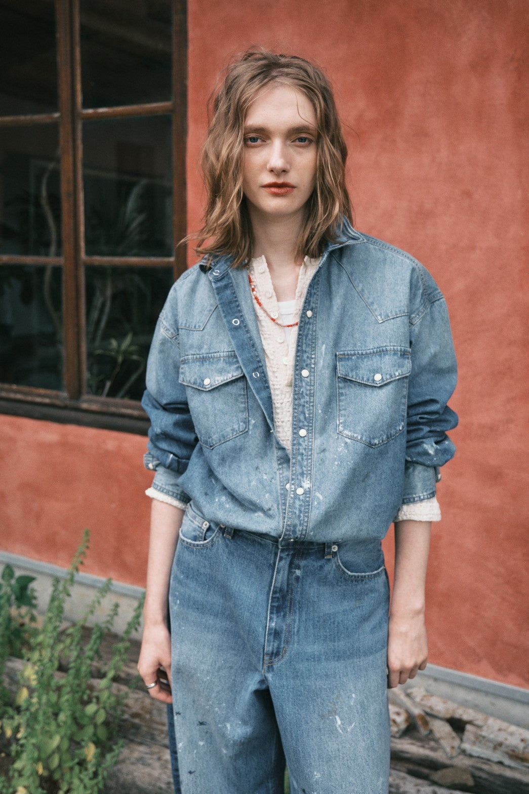【LE MÉLANGE】ストレッチラッセルレースヘンリーネックトップス/8611002