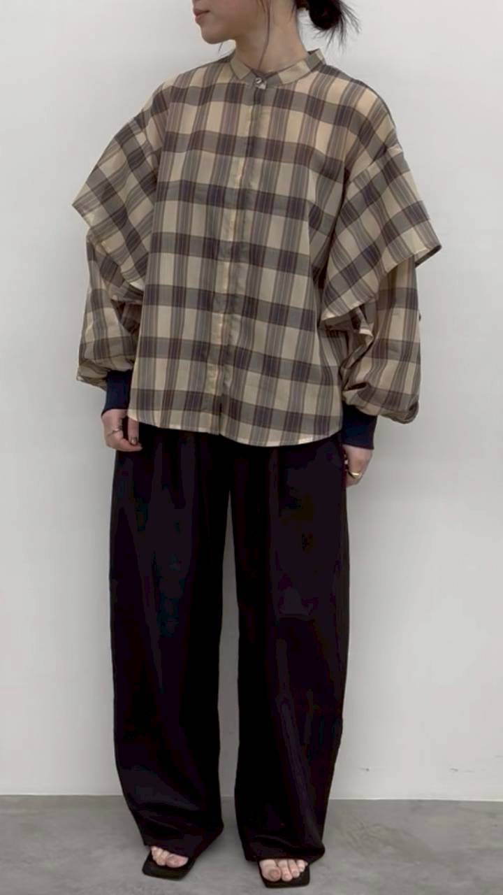 【CLOCHE】袖フリルシアーチェックシャツ/610-85038