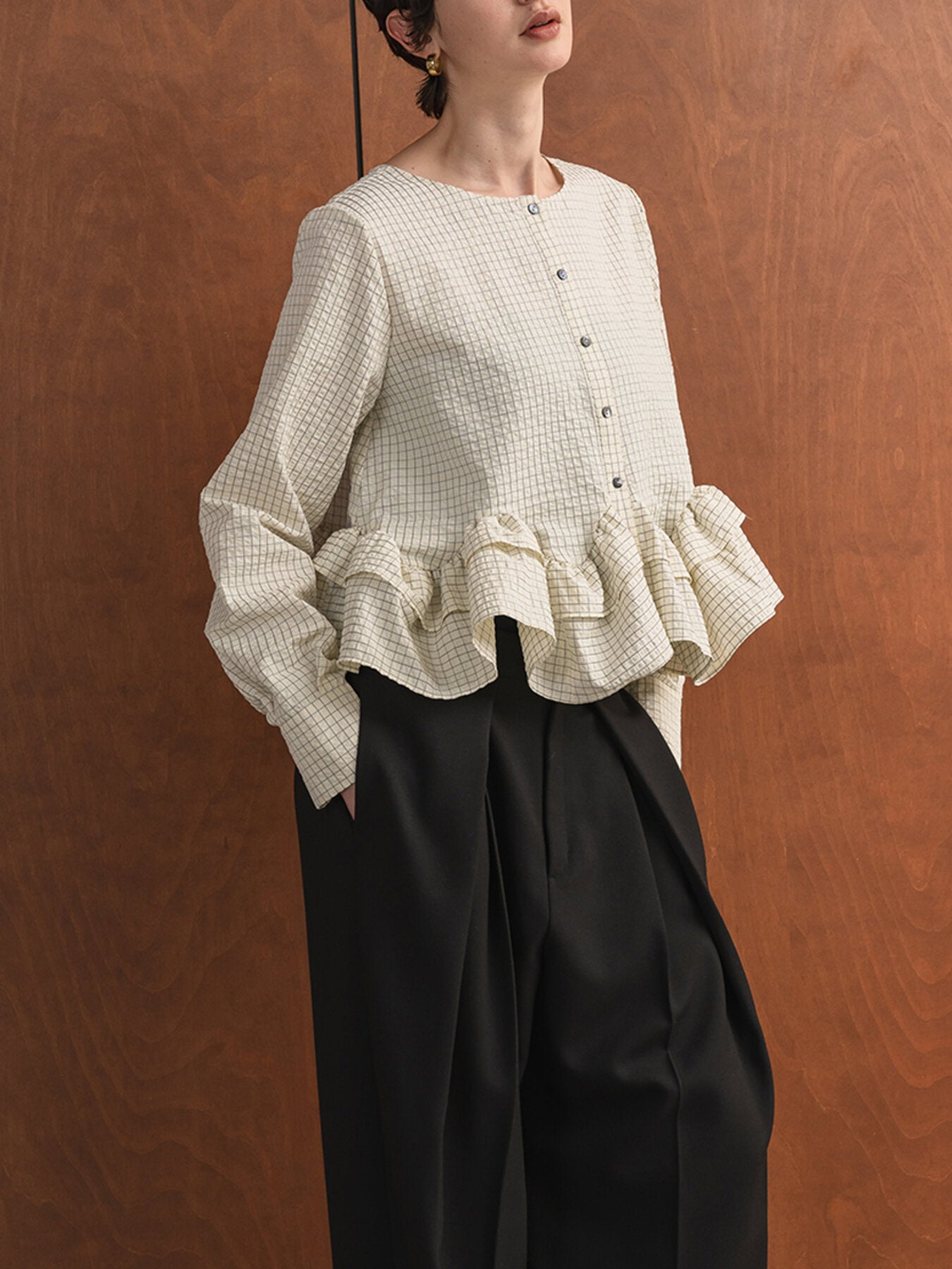 【Mewl】チェックペプラムフリルブラウス/M263-13110