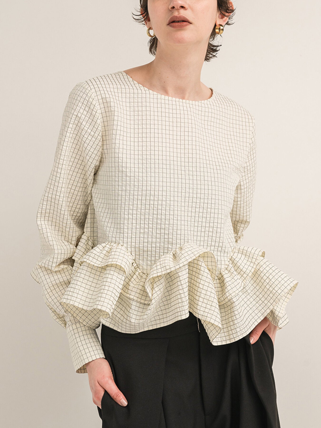 【Mewl】チェックペプラムフリルブラウス/M263-13110