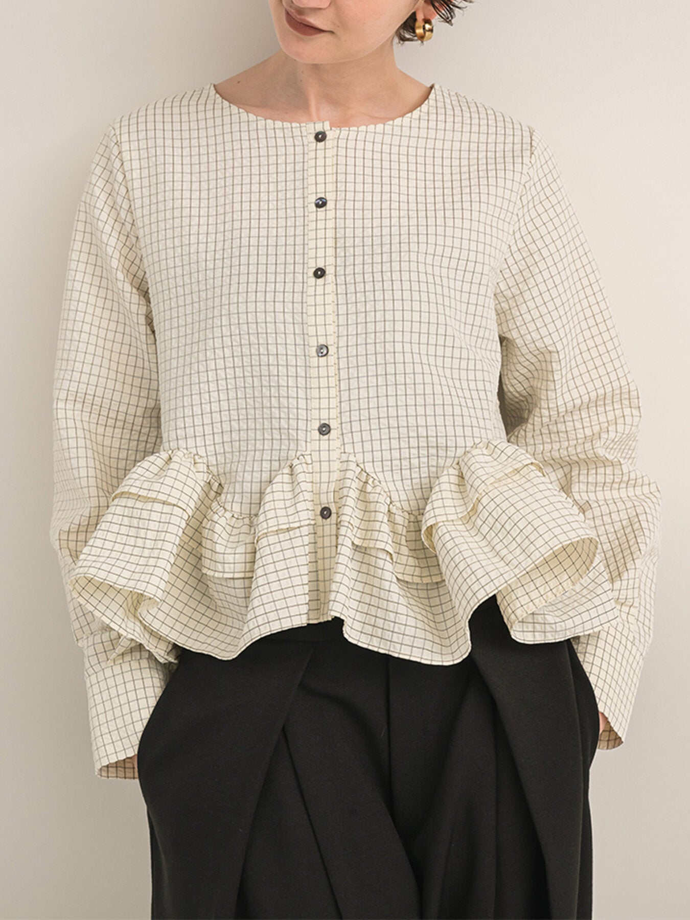 【Mewl】チェックペプラムフリルブラウス/M263-13110