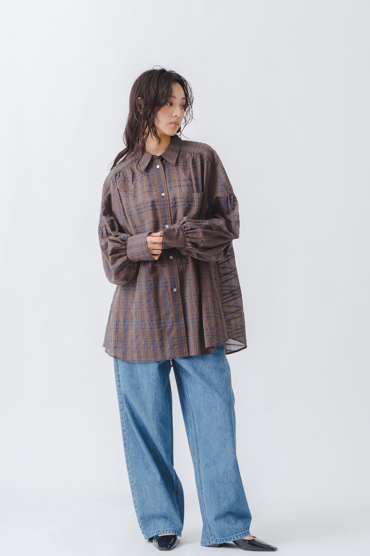 【WHYTO.】シアーチェックボリュームブラウス/WHT27HBL4120