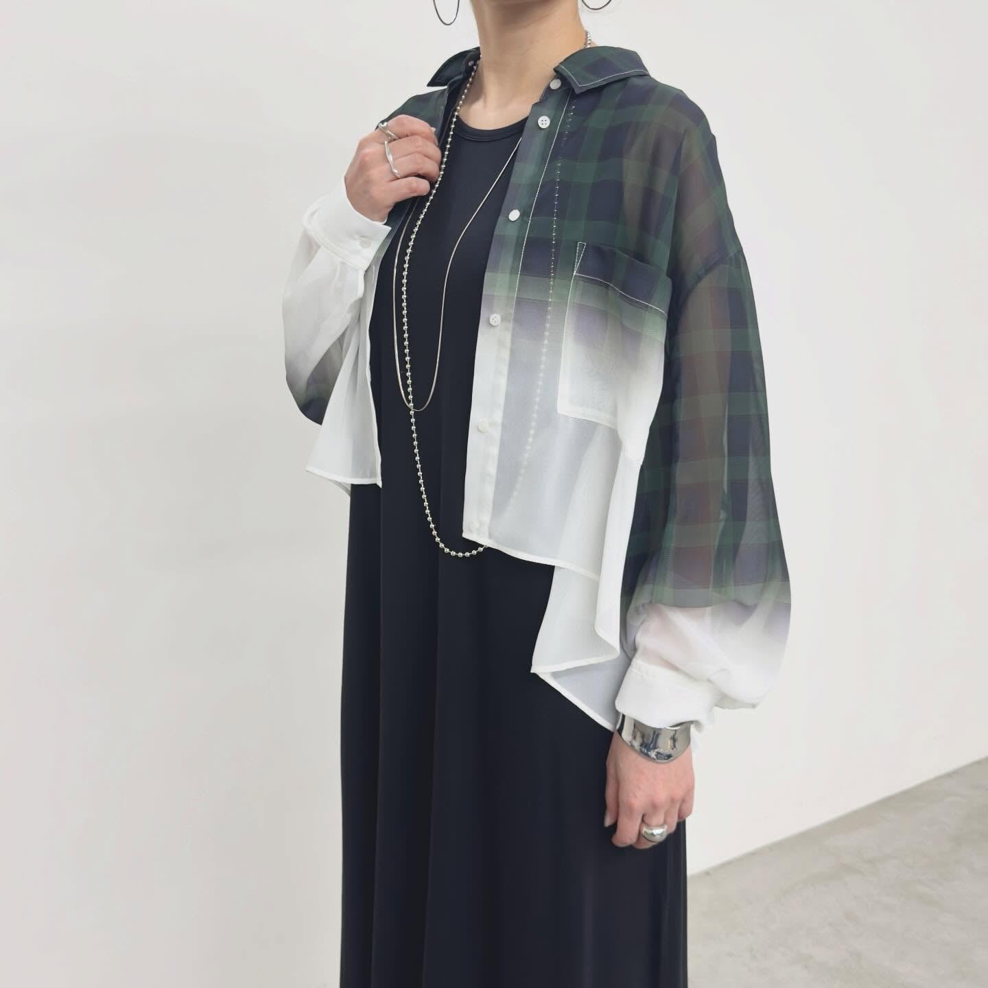 【NUS】シアーグラデーションチェックショートフレアシャツ/652-35501