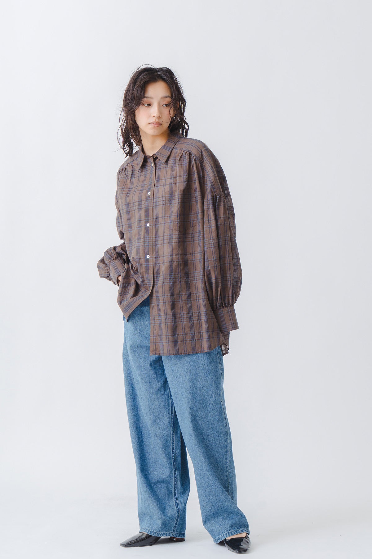 【WHYTO.】シアーチェックボリュームブラウス/WHT27HBL4120