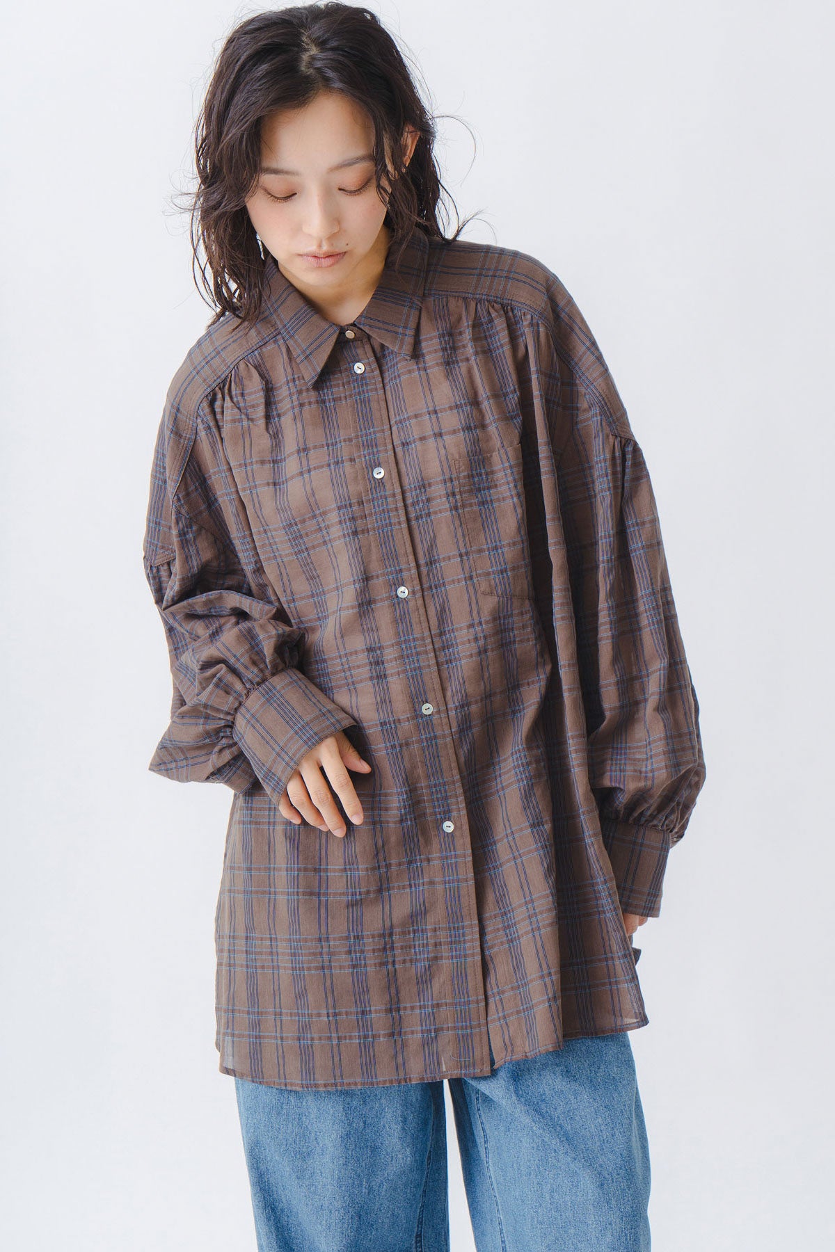 【WHYTO.】シアーチェックボリュームブラウス/WHT27HBL4120